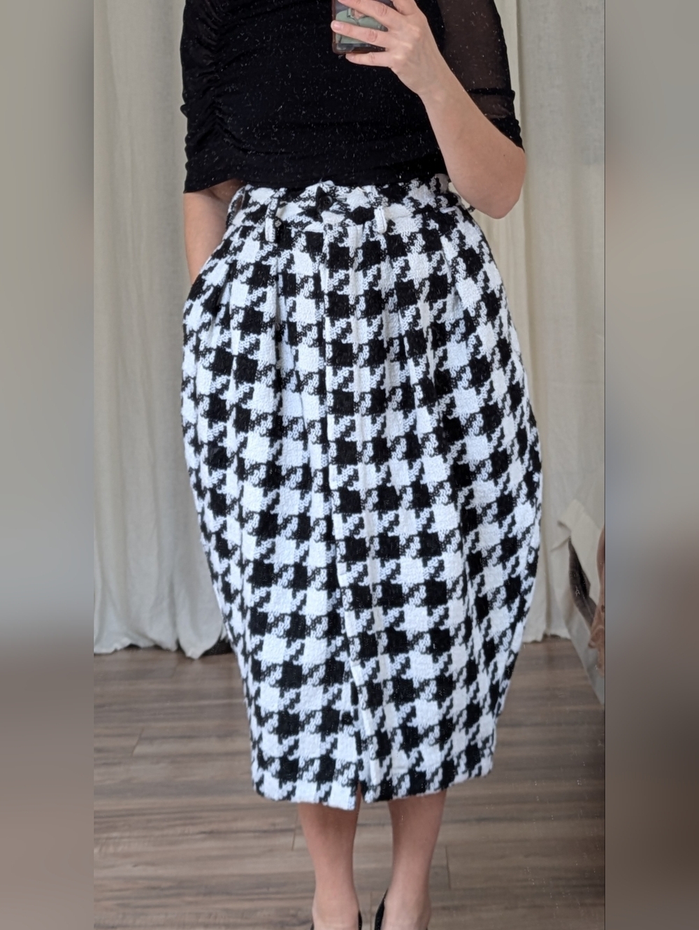 Black & White Houndstooth Midi Skirt